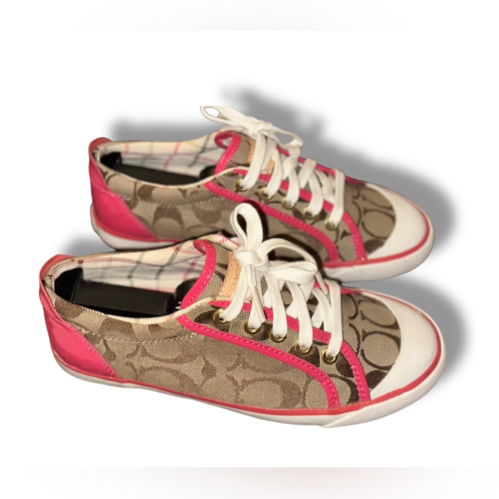 Coach “Barrett” Sneakers Brown Signature Canvas Sneakers with Pink Leather Trim - Picture 5 of 16